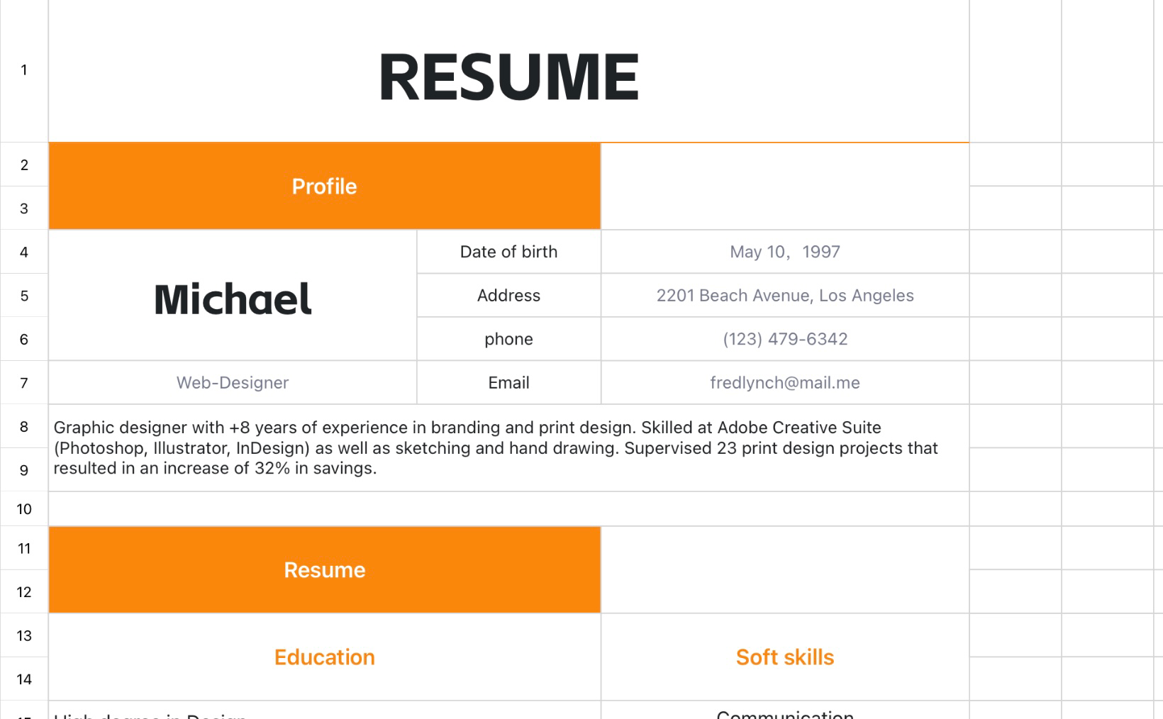 Orange minimalist resume